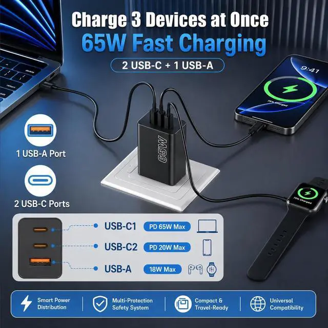 Alt view image 2 of 7 - 3-Port 65W USB C Charger, 2-Pack PD Quick 3.0 Charger for Galaxy S26 Ultra