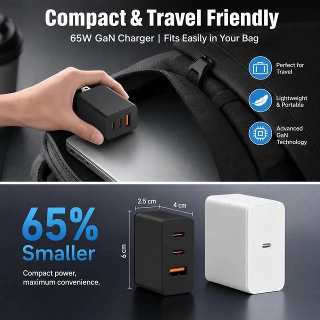 Alt view image 4 of 7 - 3-Port 65W USB C Charger, 2-Pack PD Quick 3.0 Charger for Galaxy S26 Ultra