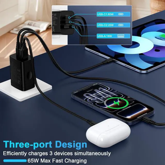 Alt view image 3 of 7 - 65W Super Fast Type C Charger 3-Port PD&QC Fast Charging Block Power Adapter for Samsung Galaxy S26 Ultra/S26 Plus/S25 Ultra/S24/S23/S22/S21/iPhone 17e/17 Pro Max/16/15/14/13/12/iPad,PPS Wall Charger