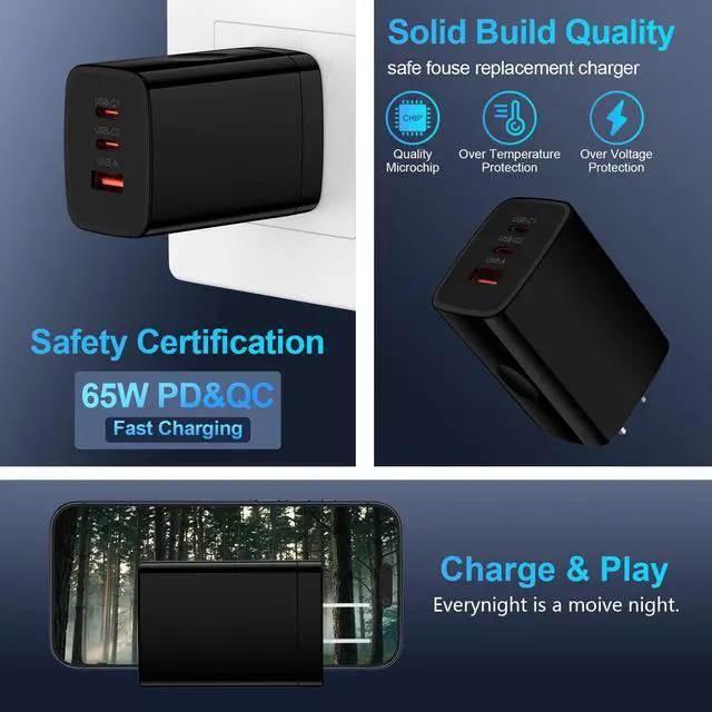 Alt view image 5 of 7 - 65W Super Fast Type C Charger 3-Port PD&QC Fast Charging Block Power Adapter for Samsung Galaxy S26 Ultra/S26 Plus/S25 Ultra/S24/S23/S22/S21/iPhone 17e/17 Pro Max/16/15/14/13/12/iPad,PPS Wall Charger