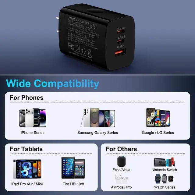 Alt view image 7 of 7 - 65W Super Fast Type C Charger 3-Port PD&QC Fast Charging Block Power Adapter for Samsung Galaxy S26 Ultra/S26 Plus/S25 Ultra/S24/S23/S22/S21/iPhone 17e/17 Pro Max/16/15/14/13/12/iPad,PPS Wall Charger