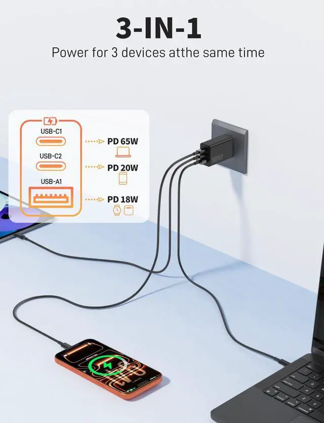 Alt view image 2 of 7 - 2Pack USB C Charger Block 100W,3-Port Super Fast Charging Wall Adapter