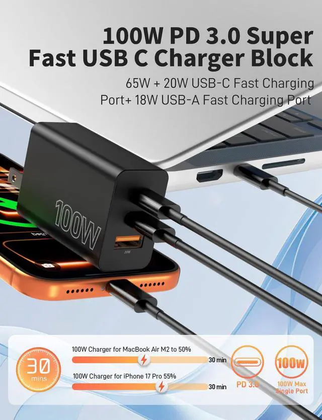 Alt view image 3 of 7 - 2Pack USB C Charger Block 100W,3-Port Super Fast Charging Wall Adapter