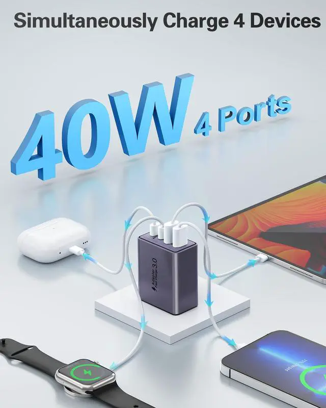 Alt view image 3 of 7 - USB C Charger Block, 2-Pack 40W USB C Fast Charging Block 4-Port Dual PD+QC Power Adapter Double USBC Charger Block Multiport Type C Cube Wall Plug for iPhone 16 15 14 13 12 11 Pro Max, Samsung