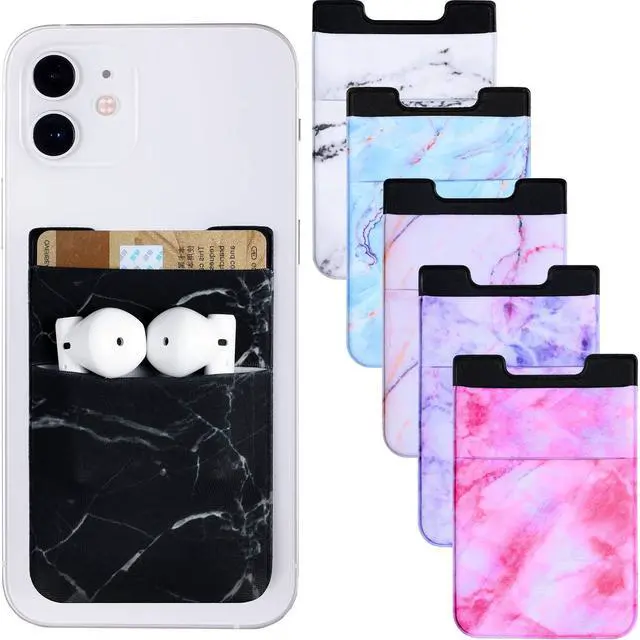 Main image of 6 Pieces Phone Card Pocket Holder Stretchy Spandex Wallet Pocket Marble Pattern Double Pouch Credit Card ID Case Pouch Sleeve Adhesive Sticker Phone Wallet for Most Smartphones