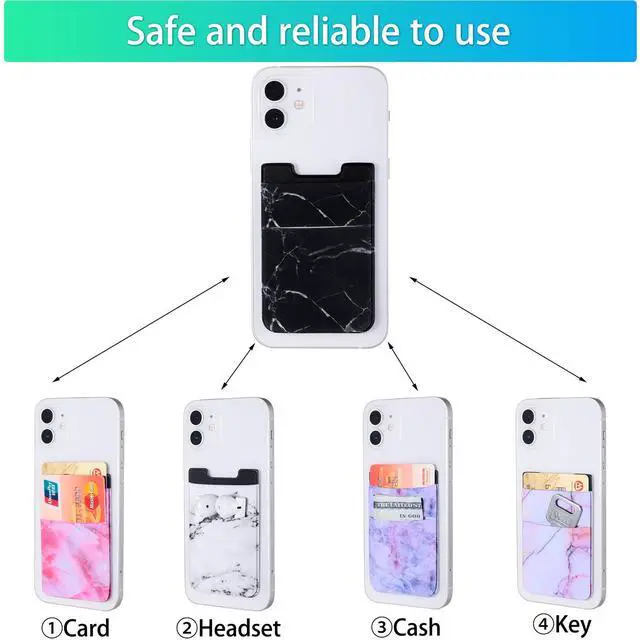 Alt view image 3 of 7 - 6 Pieces Phone Card Pocket Holder Stretchy Spandex Wallet Pocket Marble Pattern Double Pouch Credit Card ID Case Pouch Sleeve Adhesive Sticker Phone Wallet for Most Smartphones