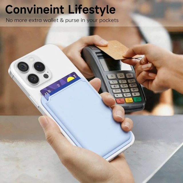 Alt view image 7 of 7 - Magnetic Phone Wallet Stick On, Secure Phone Card Holder Silicone Compatible with Magsafe, Adhesive Pocket Sleeve ID Credit Card, Slim Thin Card Case, Compatible with iPhone Samsung, Light Blue