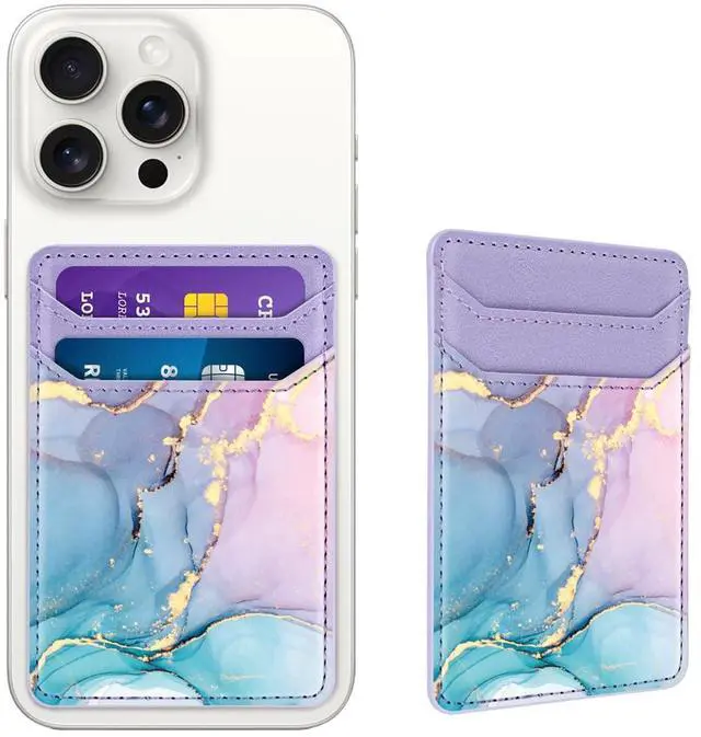 Main image of Self Adhesive Card Holder for Back of Phone, Leather RFID Phone Wallet Pockets Stick On, Credit Card Holders Sleeve for Phone Case, Blue Marble