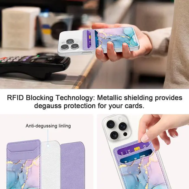 Alt view image 3 of 7 - Self Adhesive Card Holder for Back of Phone, Leather RFID Phone Wallet Pockets Stick On, Credit Card Holders Sleeve for Phone Case, Blue Marble