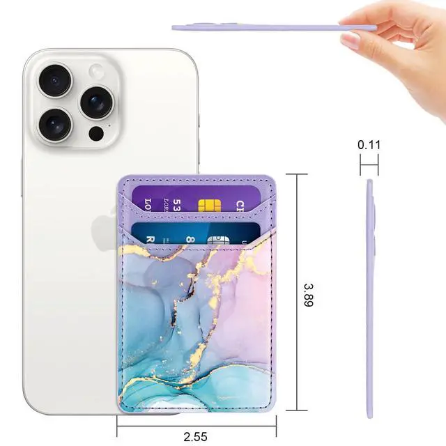Alt view image 2 of 7 - Self Adhesive Card Holder for Back of Phone, Leather RFID Phone Wallet Pockets Stick On, Credit Card Holders Sleeve for Phone Case, Blue Marble