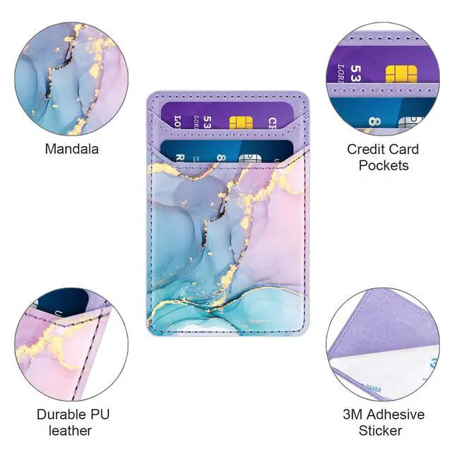 Alt view image 4 of 7 - Self Adhesive Card Holder for Back of Phone, Leather RFID Phone Wallet Pockets Stick On, Credit Card Holders Sleeve for Phone Case, Blue Marble