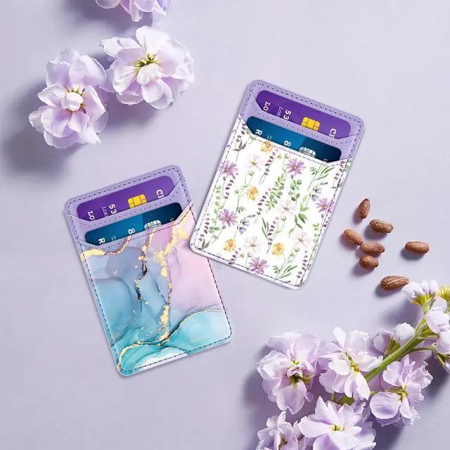 Alt view image 6 of 7 - Self Adhesive Card Holder for Back of Phone, Leather RFID Phone Wallet Pockets Stick On, Credit Card Holders Sleeve for Phone Case, Blue Marble