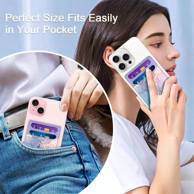 Alt view image 5 of 7 - Self Adhesive Card Holder for Back of Phone, Leather RFID Phone Wallet Pockets Stick On, Credit Card Holders Sleeve for Phone Case, Blue Marble