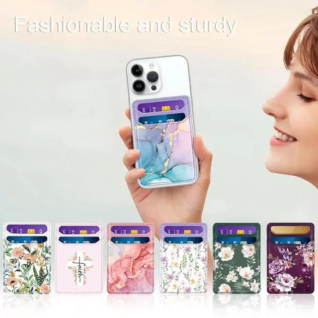Alt view image 7 of 7 - Self Adhesive Card Holder for Back of Phone, Leather RFID Phone Wallet Pockets Stick On, Credit Card Holders Sleeve for Phone Case, Blue Marble