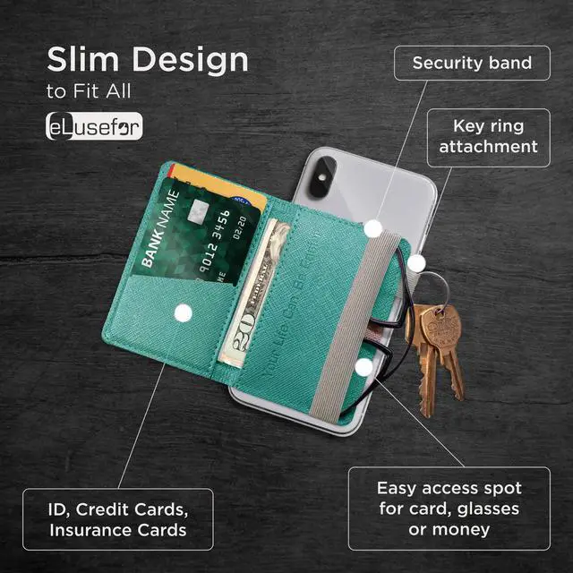 Alt view image 2 of 6 - Phone Wallet for Back of iPhone or Android Case | 6 Sleeve Credit Card Holder - Pocket for Cards, Money & ID - Built-in Stand - Waterproof Material - Travel, Work & Life-Proof - Turquoise