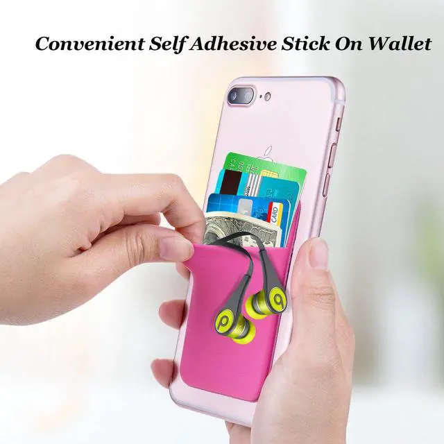 Alt view image 2 of 7 - 4 Pack Slim Cell Phone Card Holder for Back of Phone, Stretchy Lycra Stick on Credit Card Wallet Pocket ID Case Pouch Self Adhesive Sticker for iPhone, Galaxy Phones- Pink Gray Mint Green Rose