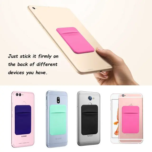 Alt view image 6 of 7 - 4 Pack Slim Cell Phone Card Holder for Back of Phone, Stretchy Lycra Stick on Credit Card Wallet Pocket ID Case Pouch Self Adhesive Sticker for iPhone, Galaxy Phones- Pink Gray Mint Green Rose