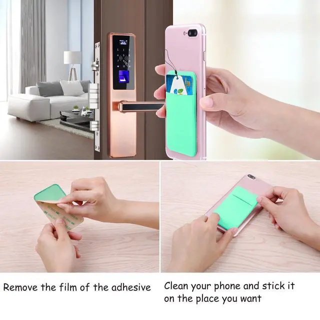 Alt view image 7 of 7 - 4 Pack Slim Cell Phone Card Holder for Back of Phone, Stretchy Lycra Stick on Credit Card Wallet Pocket ID Case Pouch Self Adhesive Sticker for iPhone, Galaxy Phones- Pink Gray Mint Green Rose