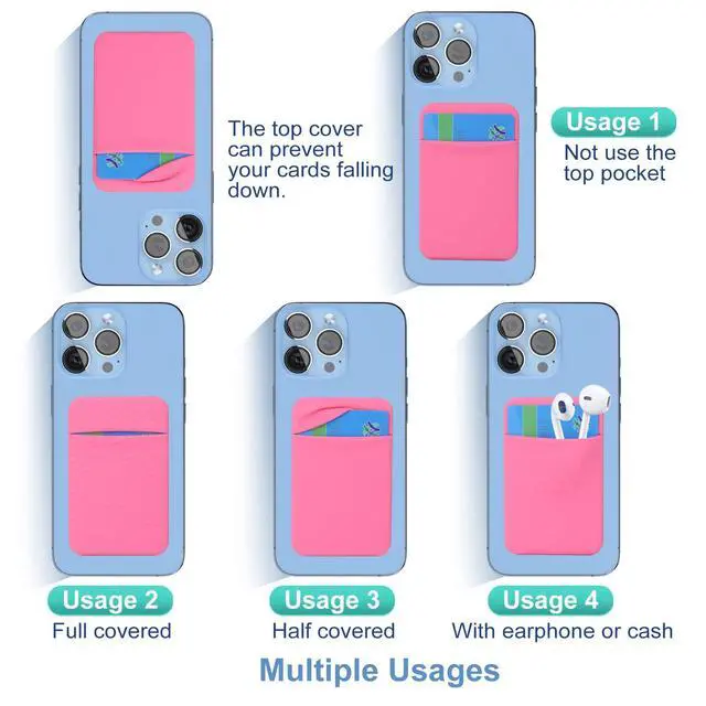 Alt view image 3 of 7 - 4 Pack Slim Cell Phone Card Holder for Back of Phone, Stretchy Lycra Stick on Credit Card Wallet Pocket ID Case Pouch Self Adhesive Sticker for iPhone, Galaxy Phones- Pink Gray Mint Green Rose