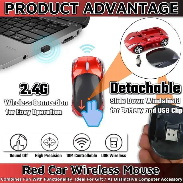 Alt view image 2 of 6 - Cute Mouse Wireless Red1600DPI 2.4G with USB Reciver Car Mouse for Computer Wireless Computer Mouse Wireless USB Wireless Mouse for Laptop Computer Tablet for Windows for Mac OSRed