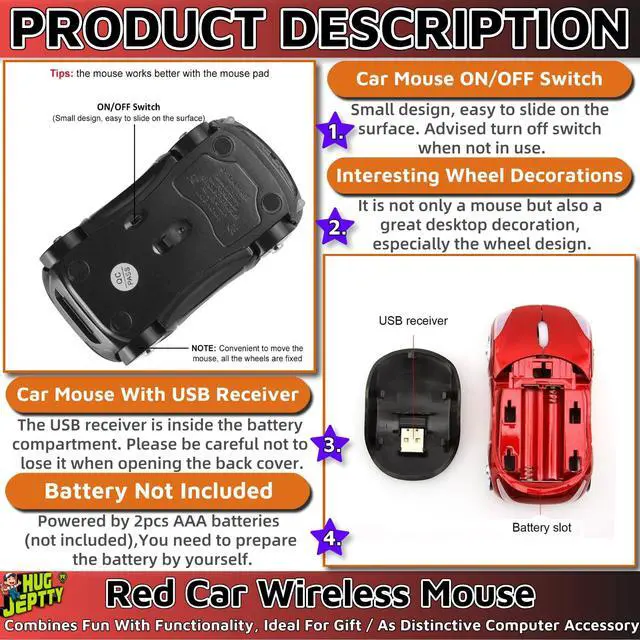 Alt view image 5 of 6 - Cute Mouse Wireless Red1600DPI 2.4G with USB Reciver Car Mouse for Computer Wireless Computer Mouse Wireless USB Wireless Mouse for Laptop Computer Tablet for Windows for Mac OSRed