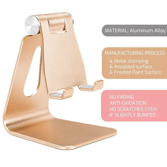 Alt view image 3 of 7 - Gold Foldable Aluminum Alloy Cell Phone Holder,Tabletop Metal Phone Stand with Adjustable Angle by Swivel Axis,Smartphone Cradle