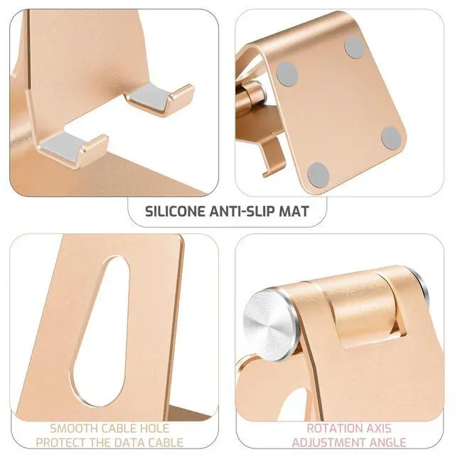 Alt view image 4 of 7 - Gold Foldable Aluminum Alloy Cell Phone Holder,Tabletop Metal Phone Stand with Adjustable Angle by Swivel Axis,Smartphone Cradle