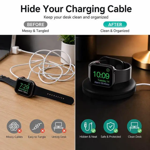 Alt view image 3 of 6 - Apple Watch Charger Stand with Cable Management, Portable Nightstand Dock Holder for Original Apple Watch Charger, Travel Friendly Organizer for Ultra 2/Ultra/10/9/8/7/SE
