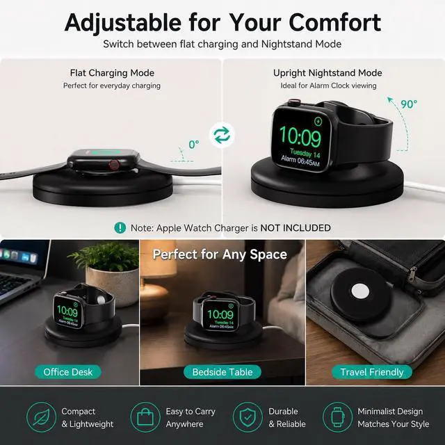 Alt view image 4 of 6 - Apple Watch Charger Stand with Cable Management, Portable Nightstand Dock Holder for Original Apple Watch Charger, Travel Friendly Organizer for Ultra 2/Ultra/10/9/8/7/SE