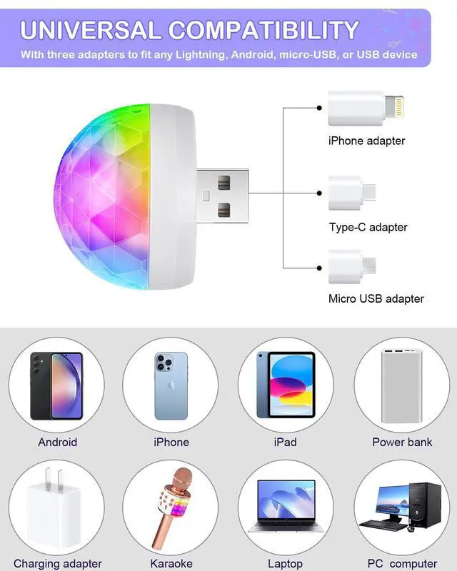 Alt view image 3 of 7 - USB Mini Disco Ball Light, Sound Activated Party Light for Karaoke Car, Stocking Stuffers for Kids, Party Decorations Gifts Favor for Birthday Halloween Christmas (4 Packs)