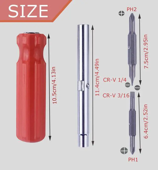 Alt view image 2 of 7 - 6-In-1 Flat Head & Phillips Reversible Screwdriver #1 And #2 Phillips, 3/16 And 5/16 Slotteds,1/4" & 5/16" Nut Driver Bit Tube Snap-on 6 In 1 Multifunctional Screwdriver