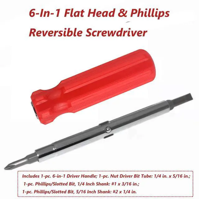 Alt view image 6 of 7 - 6-In-1 Flat Head & Phillips Reversible Screwdriver #1 And #2 Phillips, 3/16 And 5/16 Slotteds,1/4" & 5/16" Nut Driver Bit Tube Snap-on 6 In 1 Multifunctional Screwdriver