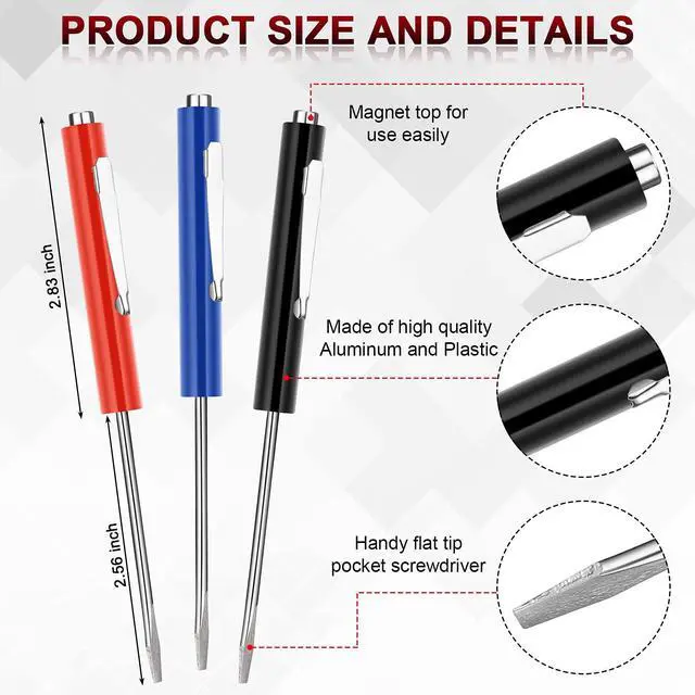 Alt view image 2 of 7 - 12 Pcs Pocket Screwdriver Magnetic Mini Tops and Pocket Clips with Single Blade Flat Head Small Screw Driver for Mechanical Electrician Electronics Technician, Red, Blue, Black