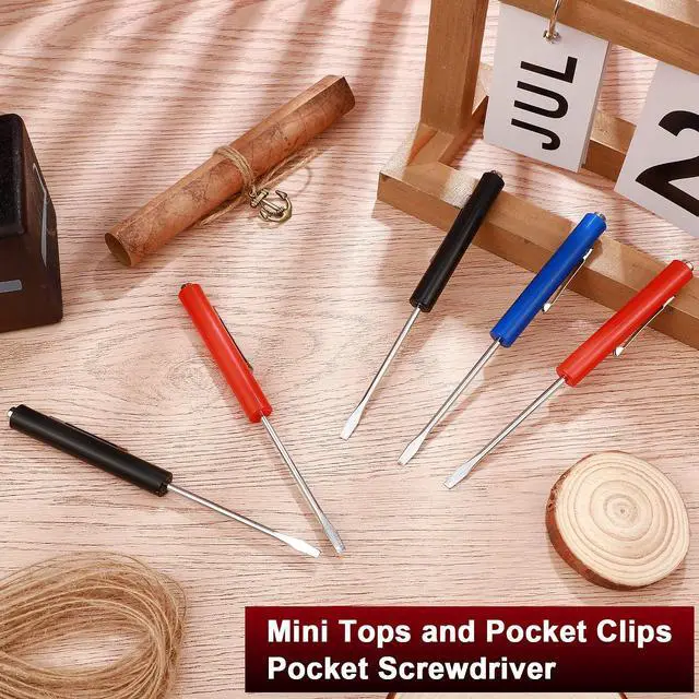 Alt view image 7 of 7 - 12 Pcs Pocket Screwdriver Magnetic Mini Tops and Pocket Clips with Single Blade Flat Head Small Screw Driver for Mechanical Electrician Electronics Technician, Red, Blue, Black