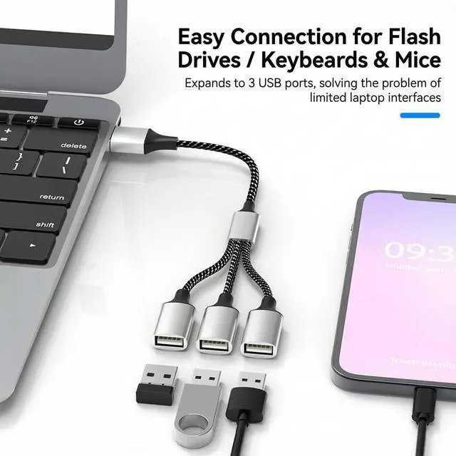 Alt view image 5 of 6 - USB Hub Splitter, USB A Male to 3-Female Splitter, Y-Splitter Type Cable for Laptop/PC, Nylon Braided Multi-Port Adapter for Keyboard, Mouse, Flash Drive, Charging & Data Sync (Not for Carplay)