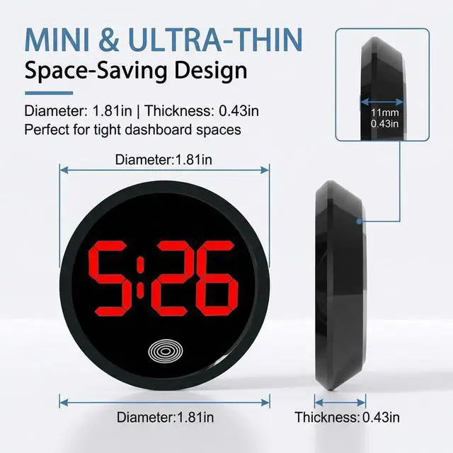Alt view image 2 of 7 - 1 PC Mini Digital Clock for Car Dashboard, LED Touch Activated Stick On Automotive Clock, Alloy Small Car Clock, Universal for Most Cars, Trucks, SUVs (Black & Red)
