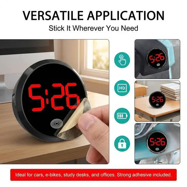 Alt view image 5 of 7 - 1 PC Mini Digital Clock for Car Dashboard, LED Touch Activated Stick On Automotive Clock, Alloy Small Car Clock, Universal for Most Cars, Trucks, SUVs (Black & Red)