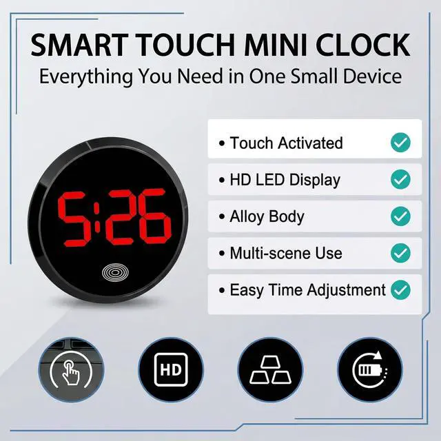 Alt view image 7 of 7 - 1 PC Mini Digital Clock for Car Dashboard, LED Touch Activated Stick On Automotive Clock, Alloy Small Car Clock, Universal for Most Cars, Trucks, SUVs (Black & Red)