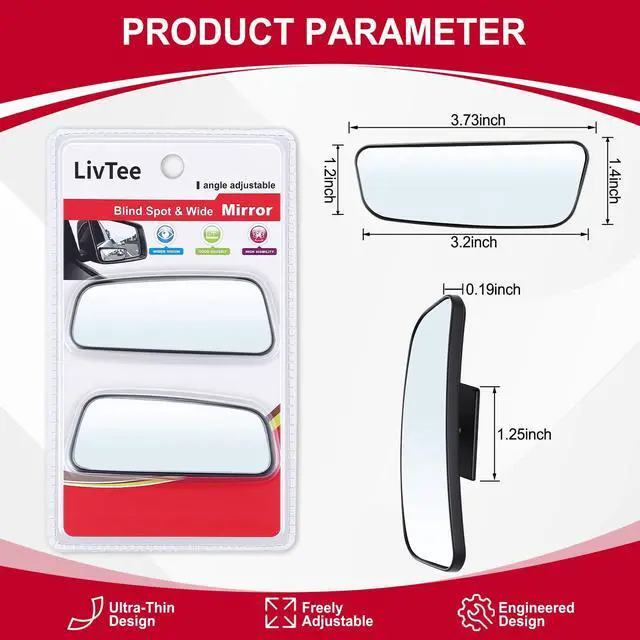 Alt view image 3 of 6 - Framed Rectangular Blind Spot Mirror, HD Glass and ABS Housing Convex Wide Angle Rearview Mirror with Adjustable Stick for Universal Car (2 pcs)