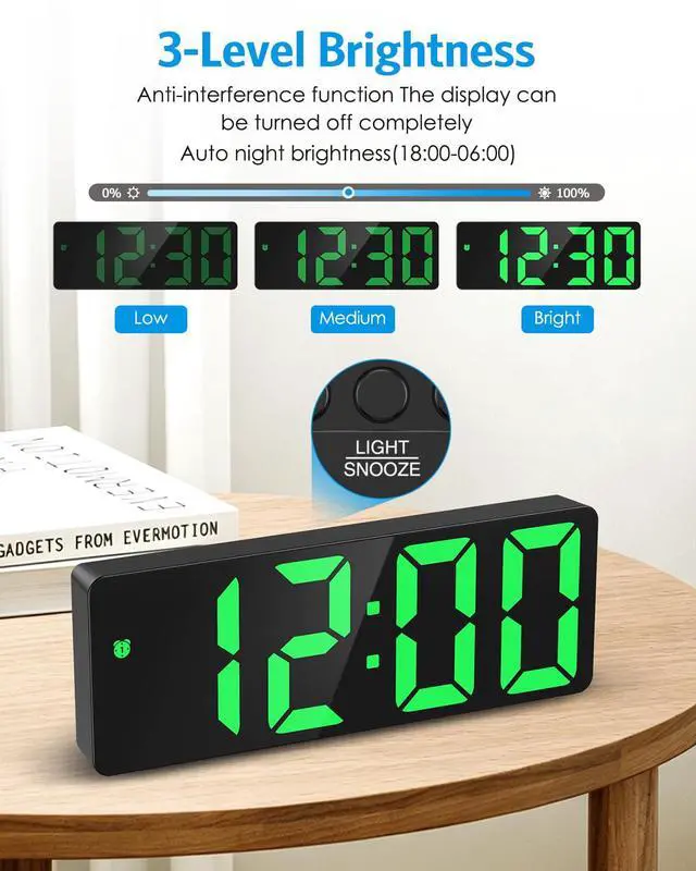 Alt view image 2 of 7 - Digital Alarm Clock, Large Display LED Bedside Clock for Home, Green | USB/Battery Powered, 3 Adjustable Brightness, 12/24H, Temperature, Snooze, Night Mode, for Bedroom, Office