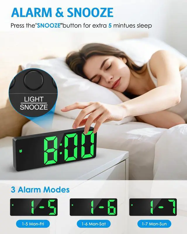 Alt view image 3 of 7 - Digital Alarm Clock, Large Display LED Bedside Clock for Home, Green | USB/Battery Powered, 3 Adjustable Brightness, 12/24H, Temperature, Snooze, Night Mode, for Bedroom, Office