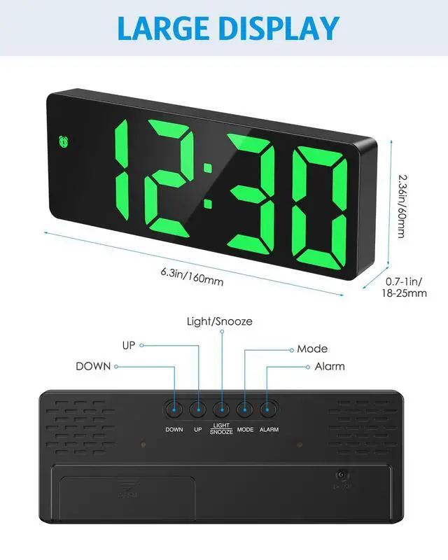 Alt view image 4 of 7 - Digital Alarm Clock, Large Display LED Bedside Clock for Home, Green | USB/Battery Powered, 3 Adjustable Brightness, 12/24H, Temperature, Snooze, Night Mode, for Bedroom, Office