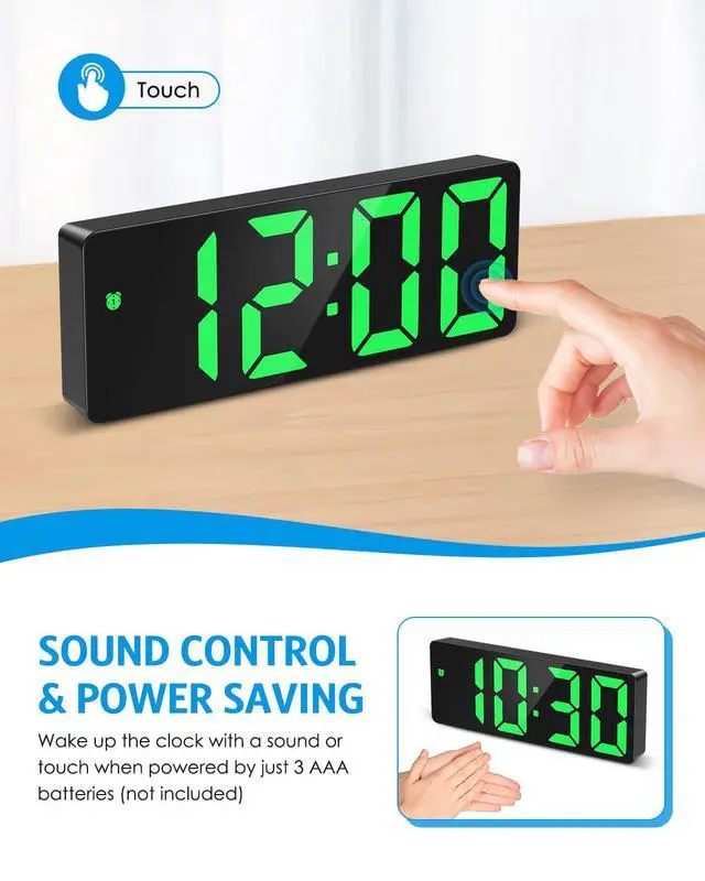 Alt view image 5 of 7 - Digital Alarm Clock, Large Display LED Bedside Clock for Home, Green | USB/Battery Powered, 3 Adjustable Brightness, 12/24H, Temperature, Snooze, Night Mode, for Bedroom, Office