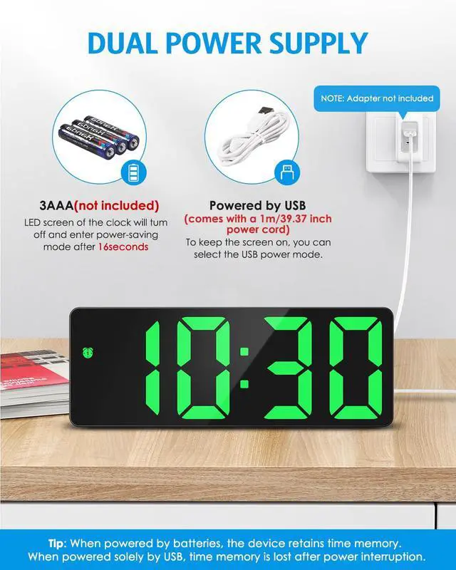 Alt view image 6 of 7 - Digital Alarm Clock, Large Display LED Bedside Clock for Home, Green | USB/Battery Powered, 3 Adjustable Brightness, 12/24H, Temperature, Snooze, Night Mode, for Bedroom, Office