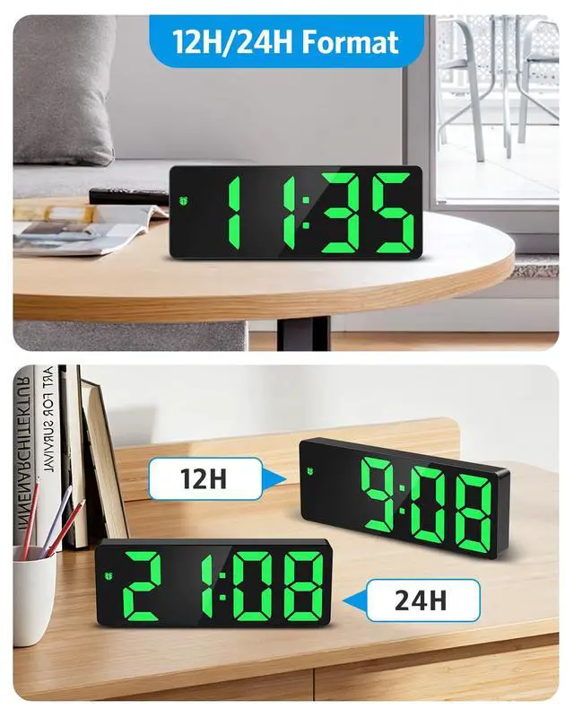 Alt view image 7 of 7 - Digital Alarm Clock, Large Display LED Bedside Clock for Home, Green | USB/Battery Powered, 3 Adjustable Brightness, 12/24H, Temperature, Snooze, Night Mode, for Bedroom, Office