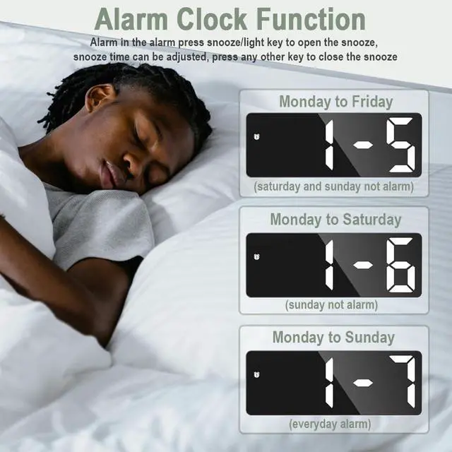 Alt view image 7 of 7 - 6.7" Digital Alarm Clock for Bederoom, Large Big Numbers Display with 3 Brightness Dimmer, USB Charging/Battery Operated, Time/Date/Temperature Display, 12/24H, °C/°F,Snooze (Black)