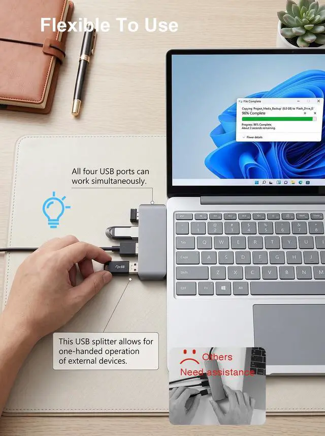Alt view image 2 of 7 - Left USB Hub,Cable-Free USB Splitter,Portable USB Hub for Laptop | One-hand Operation & Device Protection,Plug and Play,cordless integrated design,5Gbps data transfer