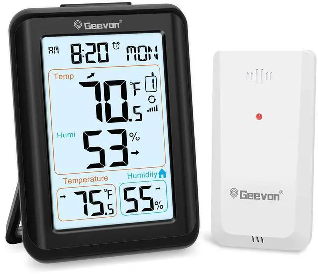 Main image of Wireless Indoor Outdoor Thermometer Hygrometer, Digital Temperature Humidity Monitor with Large LCD Display, Clock, Alarm, for Home Garden Greenhouse Basement
