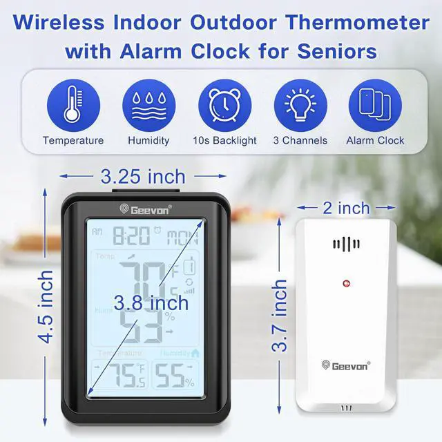 Alt view image 2 of 7 - Wireless Indoor Outdoor Thermometer Hygrometer, Digital Temperature Humidity Monitor with Large LCD Display, Clock, Alarm, for Home Garden Greenhouse Basement
