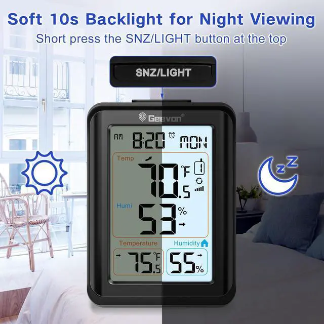 Alt view image 5 of 7 - Wireless Indoor Outdoor Thermometer Hygrometer, Digital Temperature Humidity Monitor with Large LCD Display, Clock, Alarm, for Home Garden Greenhouse Basement